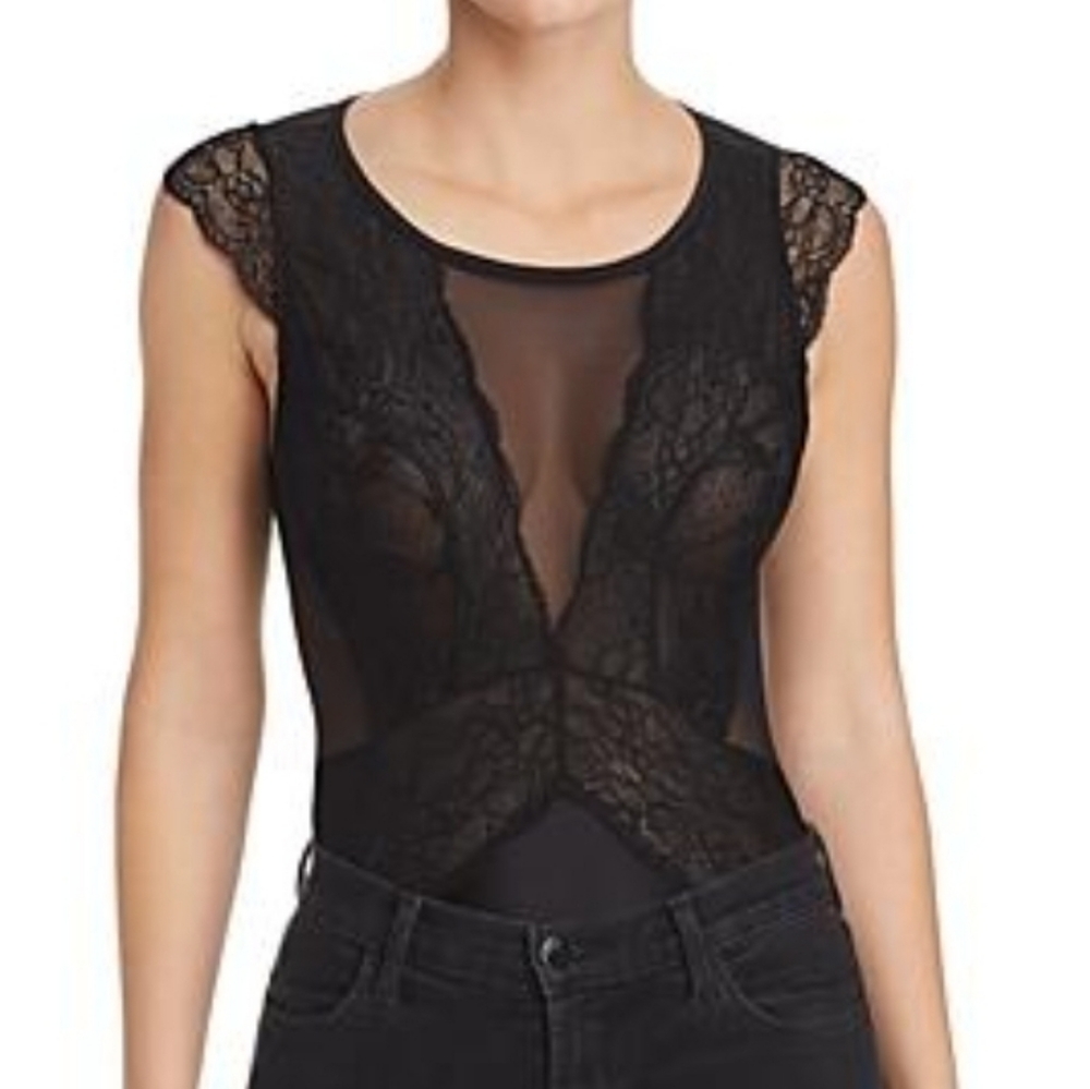Sam Edelman Lace & Mesh Capsleeve Black Bodysuit Small